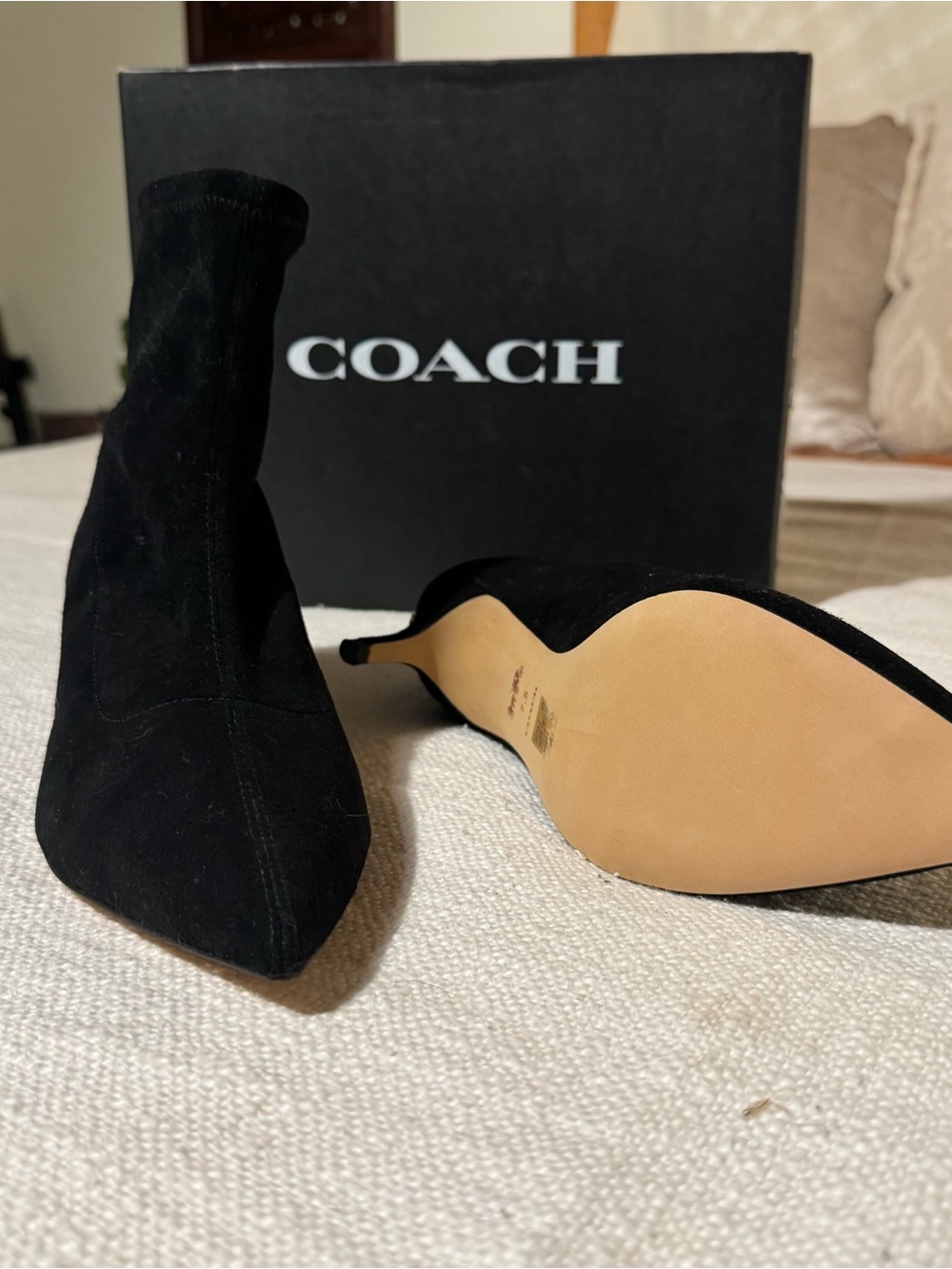 COACH Black Suede Pointed Toe Stiletto Booties - Slim Heel